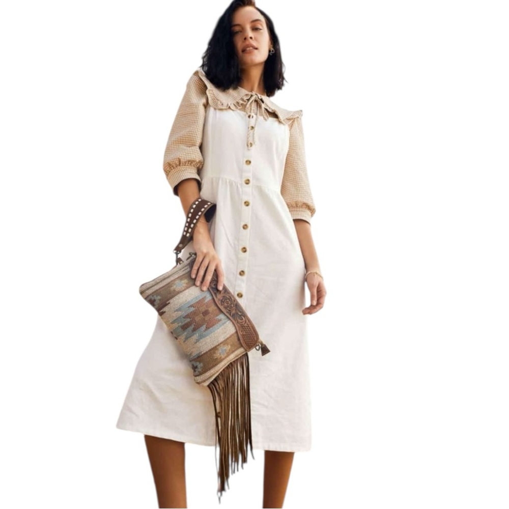 Myra Bag Brown Hand Tooled Tassels Crossbody Handbag Clutch Purse